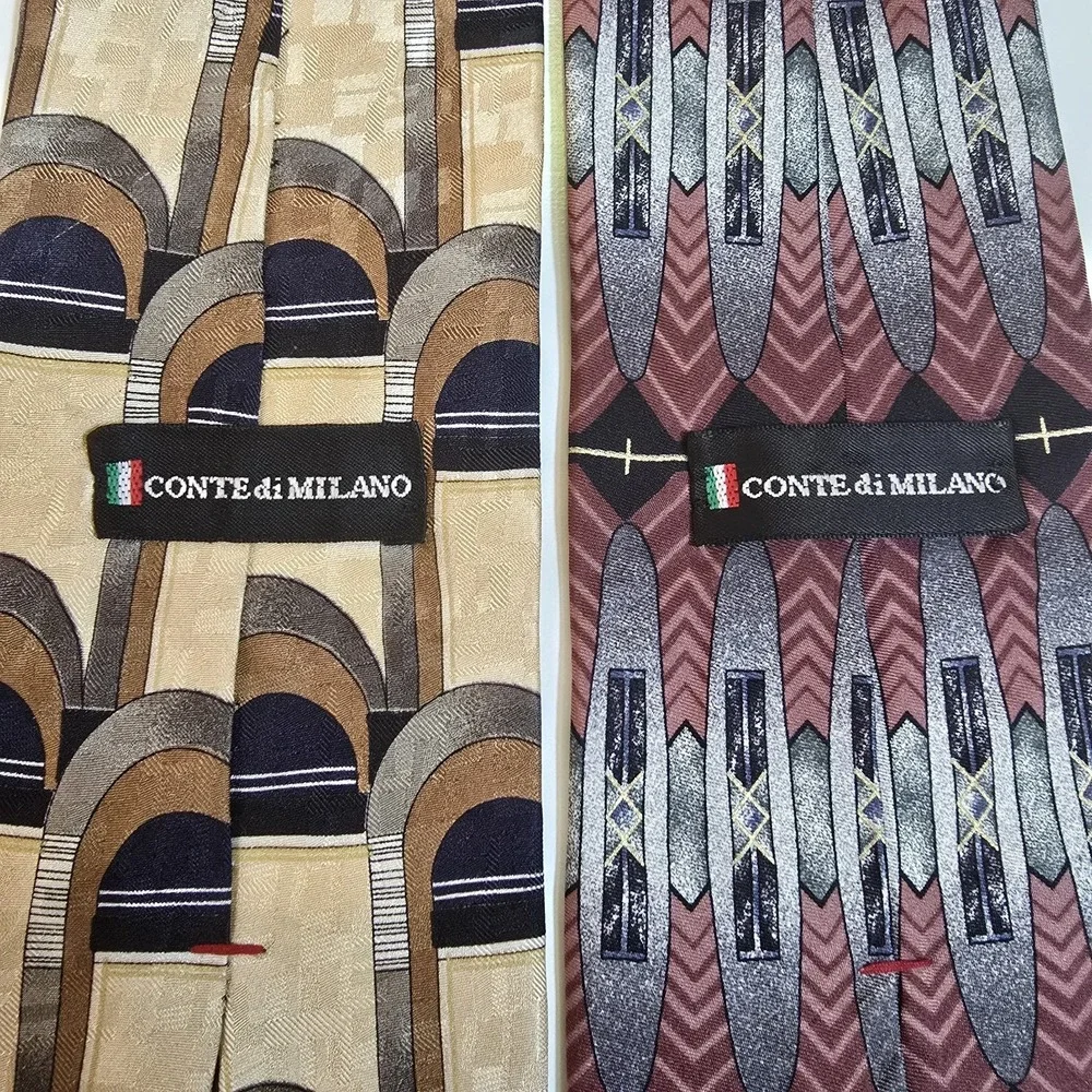 Lot x2 CONTE DI MILANO Men's Neck Tie Art Deco Geometric Gold 100% Silk Imported